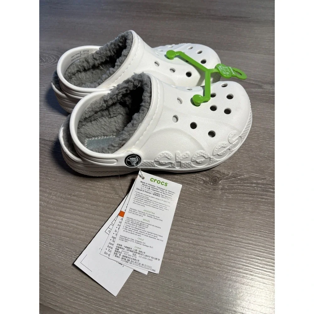 NWT Crocs Girls 13 Baya Lined Clog K White Grey Fuzzy Fleece Kids School Summer